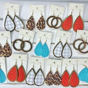 Leather Cork Wood Teardrop Hoop Earrings